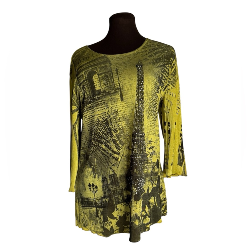 Jostar slinky stretch travel knit Paris France Eiffel Tower Tower Rhinestone Top